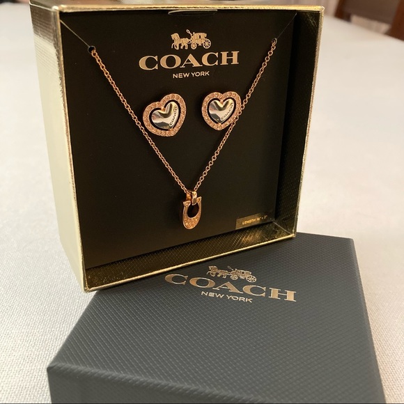 Coach Rose Gold Silver Necklace Studs Earrings Heart Crystals Gift Set Box $128 - Picture 4 of 8